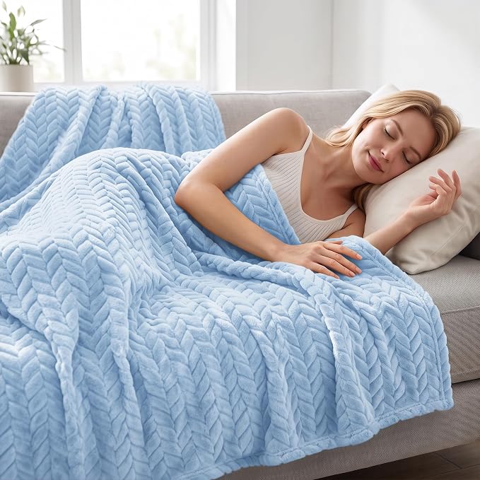 Exclusivo Mezcla Fleece Throw Blanket for Couch Sofa, 50”x70”, Light Blue | Oversized Soft Cozy Fluffy Blankets for Summer, Decorative Plush Flannel Throws for Living Room, Bedroom with Leaves Pattern