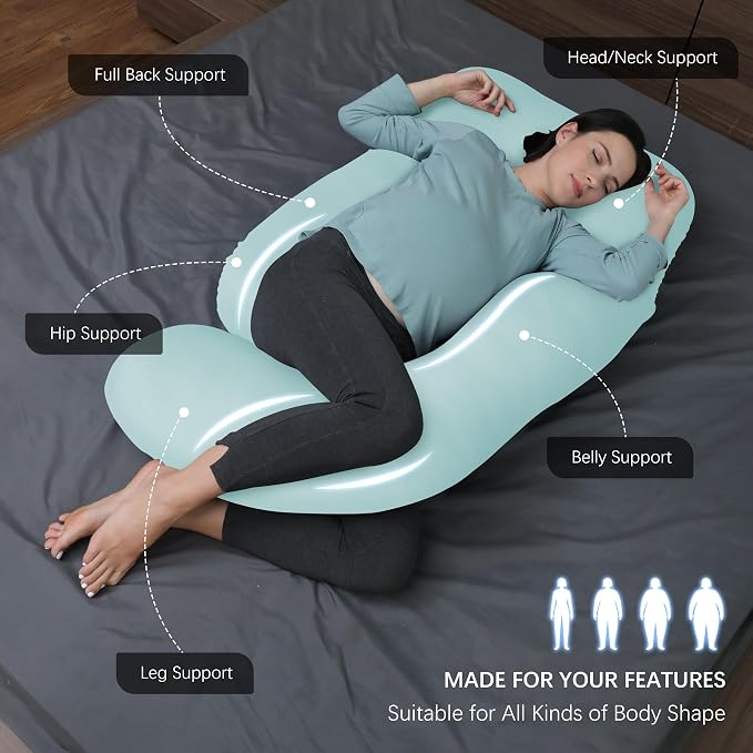 MOON PARK Pregnancy Pillows for Sleeping - U Shaped Full Body Maternity Pillow with Removable Cover - Support for Back, Legs, Belly, Hips - 57 Inch - Ice Blue - Cooling Cover