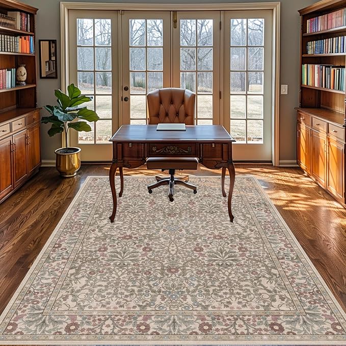 Vintage Moss Living Room Rug, 6x9 Washable Area Rugs for Dining Room Under Table, Soft Low Pile Large Carpet Bedroom, Non-Slip Boho Floral (6 x 9 Moss)