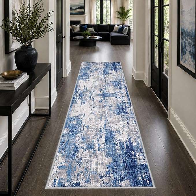 RELEANY Washable Runner 2'x8' Abstract Area Rug for Hallway Blue Gray | Carpet for Kitchen, Entryway, Bathroom, Living Room, Bedroom, Printed Pattern, Non‑Slip, Soft, Stain‑Resistant, Easy to Clean