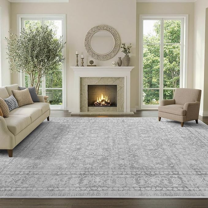 9x12 Ft Extra Large Area Rugs for Living Room, Soft Non-Slip Machine Washable Rug, Vintage Stain Resistant Carpets for Bedroom Nursery Dining Room Home Decor (Grey)