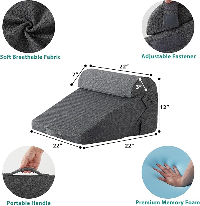 Adjustable 4pcs Bed Wedge Pillow Set, Memory Foam Wedge Pillow Post Surgery for Back, Neck, Leg Pain Relief, Pillow Wedge for Sleeping, Sitting up in Bed, Acid Reflux and GERD, Dark Grey