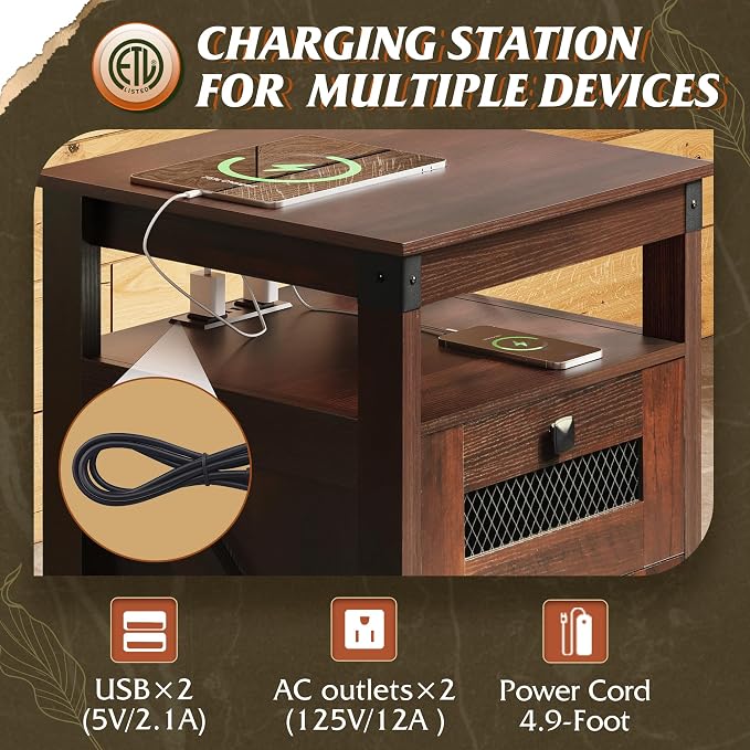 WLIVE Nightstand with Charging Station, Farmhouse End Table, Bed Side Table with 2 Storage Drawers and Open Shelf, Wood Rustic Nightstands for Bedroom, Espresso | Charging Station(2AC+2USB), Farmhouse Design (Cut-out Grills)，Storage(2 Drawers +1 Shelf)...