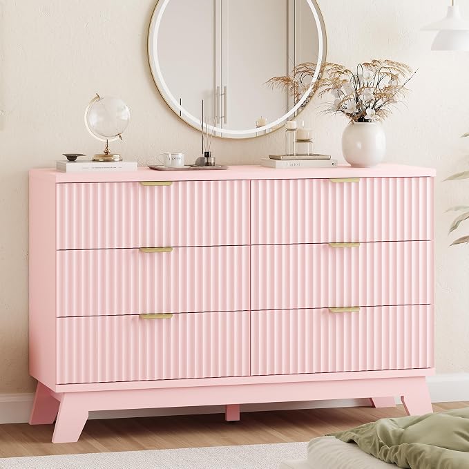 Fluted Dresser for Bedroom with 6 Drawers, 48" Wide Modern Chest of Drawers with Metal Handle, Wooden Dresser TV Stand, Wood Closet Clothes Storage Drawer Organizer for Living Room, Hallway, Pink