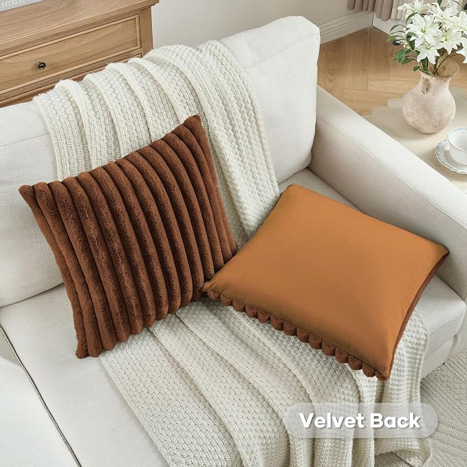 FUTEI Pack of 2 Faux Fur Throw Pillow Covers 22x22 Inch, Rust | Fluffy Faux Rabbit Fur Front/Premium Velvet Back,Hidden Zipper,Machine Washable,Non-Shedding,Colorfast,Insert Not Included.