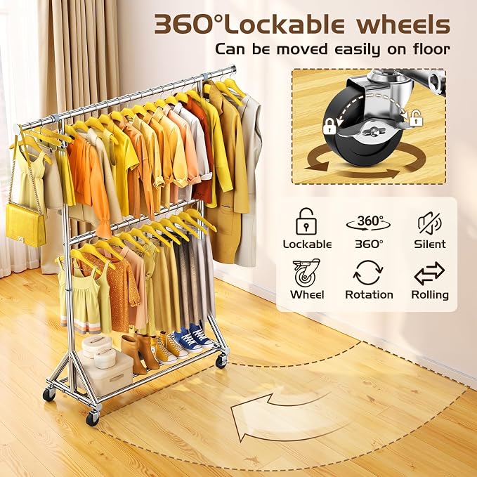 Heavy Duty Rolling Clothes Rack with Double Rods for Hanging Clothes, Adjustable & Extendable Metal Clothing Rack, Garment Rack With Wheels Shelf, Sturdy Freestanding Closet Rack, 100% Stainless Steel