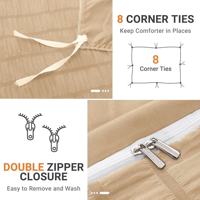 HYMOKEGE Khaki Duvet Cover Full Size, Ultra Soft 3-Piece Seersucker Duvet Cover Set with Zipper Closure, Soft Brushed Microfiber Bedding Set with 8 Corner Ties (80"x90", 2 Pillowshams)