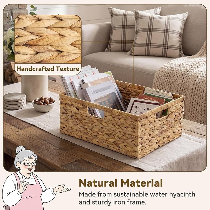 GRANNY SAYS Large Wicker Basket, Wicker Storage Baskets for Shelves, 1-Pack | Water Hyacinth Extra Large Wicker Baskets for Storage, Woven Baskets for Storage, Rectangular Shelf Basket with Handles