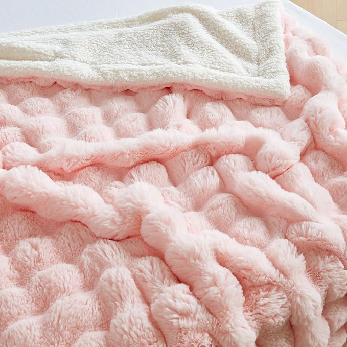 50x60 Inches Ultra-Soft Fuzzy Faux Fur Plush Throw Blanket - Thick, Warm Sherpa for Couch, Sofa, Bedroom, Camping - Decorative Blanket for Cozy Warmth, Bubble Pink