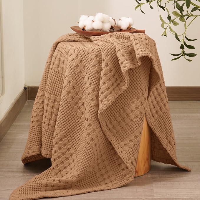 PHF Lightweight 100% Cotton Waffle Throw Blanket for Couch, Clay | Pre-Washed Soft Cotton Comfort, Breathable Layering Warmth for Fall & Winter, Office, Travel, Sofa, Home Decor & Gifts