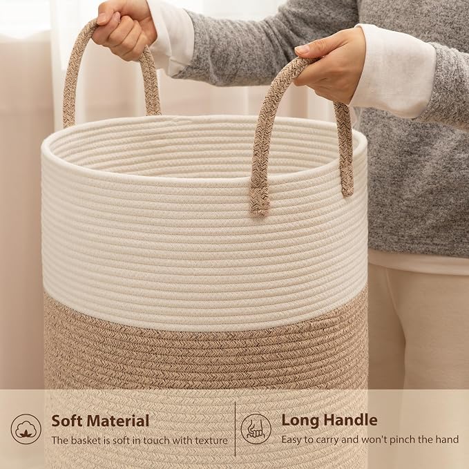 OIAHOMY 80L Nursery Hamper Laundry Basket Laundry Hamper Brown/White | collapsible Blanket Basket Cotton Rope Woven Basket Dirty Clothes Hamper Baby Hamper Tall Clothes Hamper with Handles