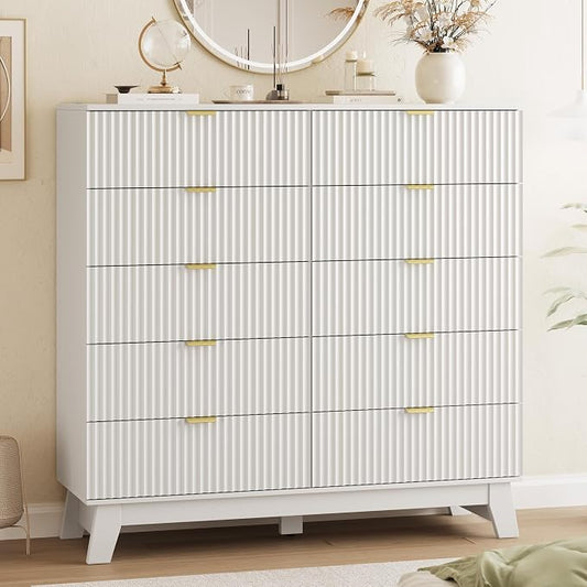 Xixini Fluted Dresser for Bedroom with 10 Drawers, 48" Wide Modern Chest of Drawers with Metal Handle, Wooden Dresser TV Stand, Wood Closet Clothes Storage Organizer for Living Room, Hallway, White