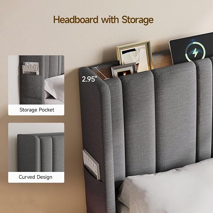 ONBRILL Queen Size Headboard with Storage, LED Light, Grey | Linen Vertical Wingback Headboard w/ Charging Station, Upholstered Head Board w/ High-Density Foam Padding, 2 Storage Pockets