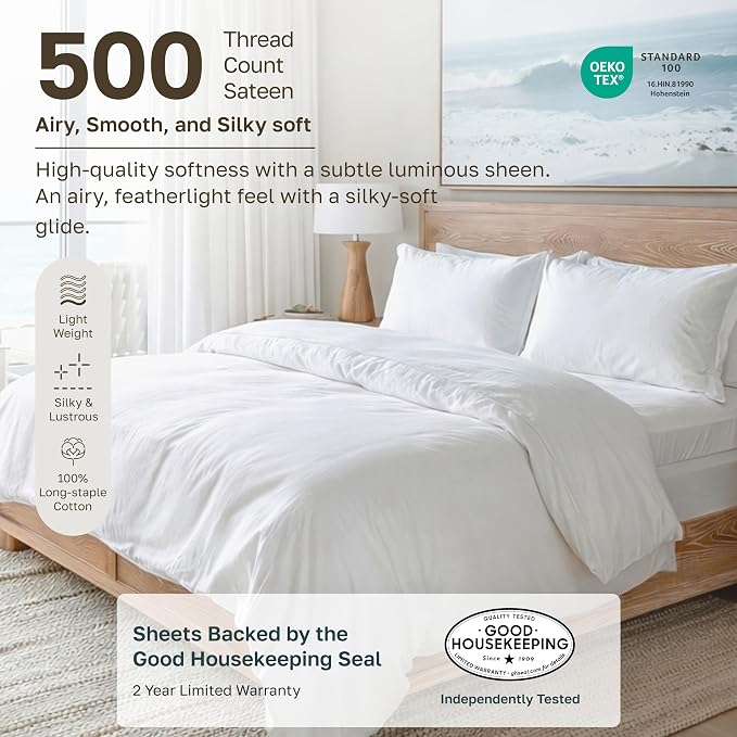California Design Den 100% Cotton Sateen King Size Sheets Set, 4 Pcs, White | Soft 500 Thread Count Backed by Good Housekeeping Seal, 16" Deep Pocket, All-Around Elastic, Durable, Easy Care