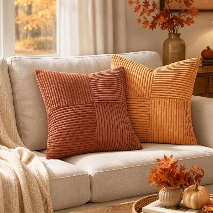 MIULEE Fall Burnt Decorative Throw Pillow Covers for Couch 18x18 Inch | 2 Pack, Boho Farmhouse Pillow Covers, Soft Cross Corduroy Patchwork Textured Cushion Cases For Bed Sofa