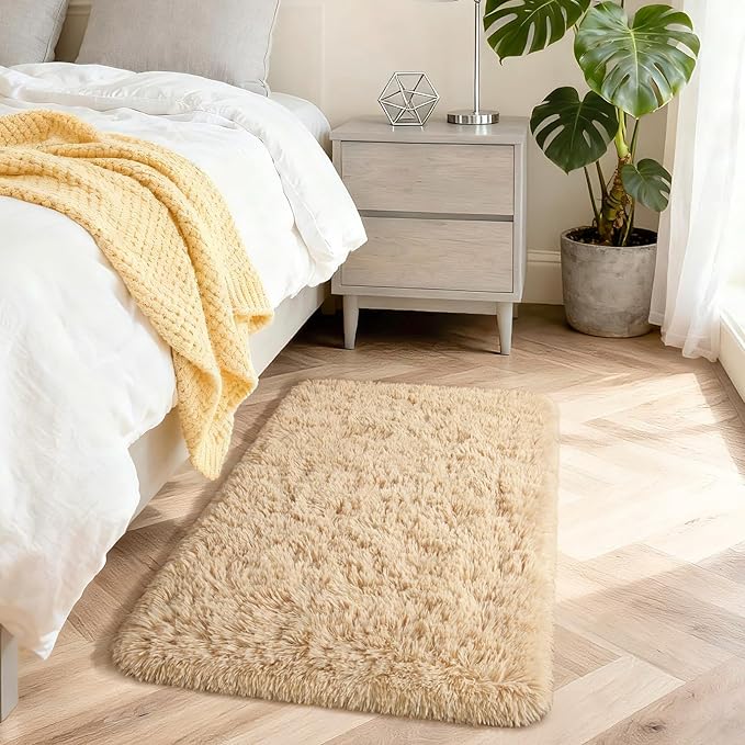 Modern Soft Fluffy Small Shaggy Rug for Bedroom Livingroom, Soft Non-Slip Kids Room Entryway Throw Rugs, Plush Furry Fur Area Rugs Comfy Nursery Accent Floor Carpet 2x3 Feet, Beige