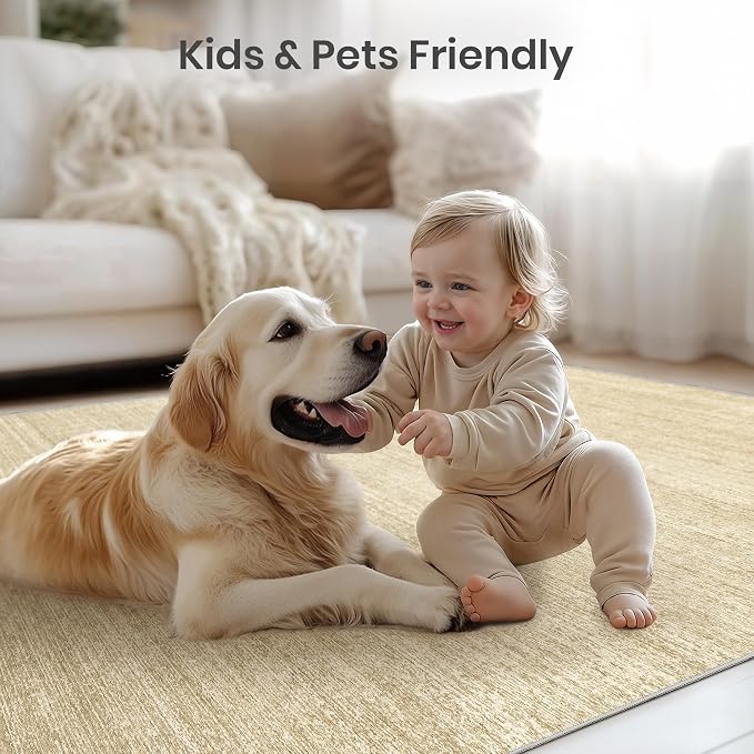 8x10 Area Rugs for Living Room, Large Washable Rug Non Slip, Tan | Soft Low Pile, Thin & Lighweight Carpet, Folable Stain Resistant Modern Indoor Floor Mat for Bedroom, Dining Room, Home Decor