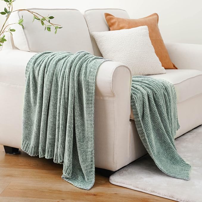 BATTILO HOME Sage Green Throw Blanket for Home Decor, Chenille Knit Throw Blanket for Couch, Sofa, Chair, Cozy Soft Blanket, 51"x67" | Shiny Chenille Blanket, Sage Knitted Blanket, Cozy Soft Spring Summer Blanket Throw, Warm & Midweight
