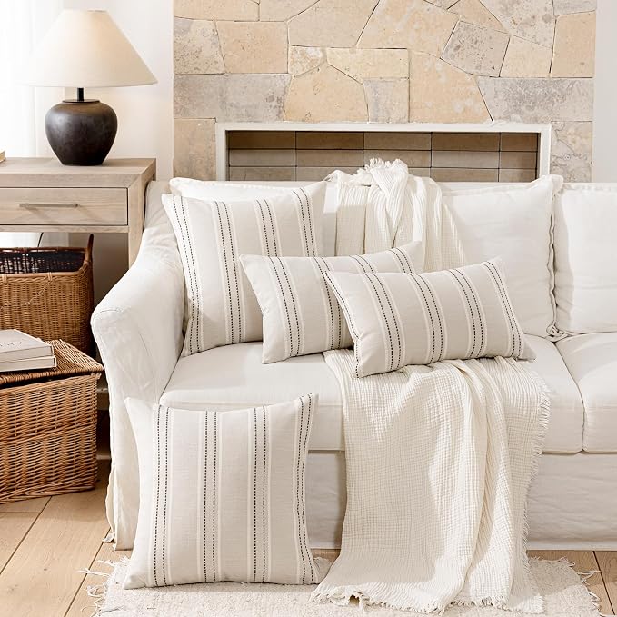 Hckot Striped Throw Pillow Covers 20x20 Set of 2 Charcoal Pillow Covers | Farmhouse Decorative Pillows Textured Linen Square Cushion Covers for Sofa Couch Bed Living Room Decor