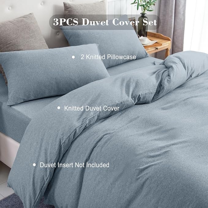 PURE ERA Jersey Knit Sheet Set Heather Blueish Grey California King | 100% Cotton, 3 Piece Set, T Shirt Soft, Breathable, Envelope Closure Pillowcases, Hidden Zipper, 8 Ties, No Insert, Modern