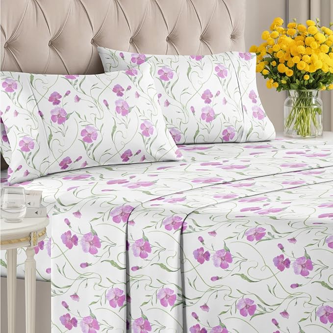Full 4 Piece Floral Sheet Set - Soft, Breathable & Cooling - Pretty Pink | 1 Flat, 1 Fitted & 2 Pillowcases w/ Deep Pockets, Boho Botanical Floral Bedding, Breathable & Cooling, Wrinkle & Fade Free