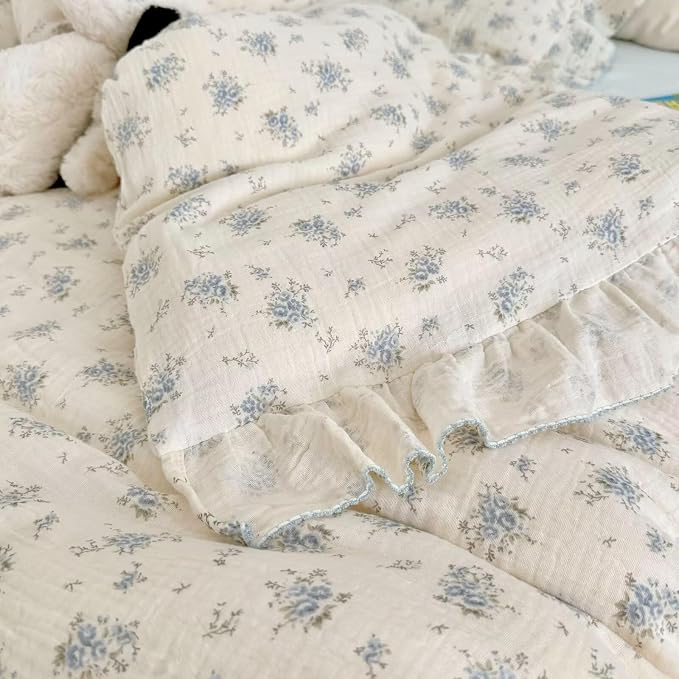 Muslin Cotton Kids Duvet Cover with Ruffles for Toddler Bed/Crib Comforter/Quilt Cover Shabby Chic Blue Freesia Print Toddler Duvet Cover Girls Boys, 47"x59", No Pillow Cases