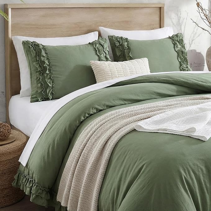 Avocado Green Duvet Cover King Ruffled Bedding Set Pleated Ruffle Fringe Shabby Chic Bedding Super Soft Cozy Boho Bedroom Bedding for All Season