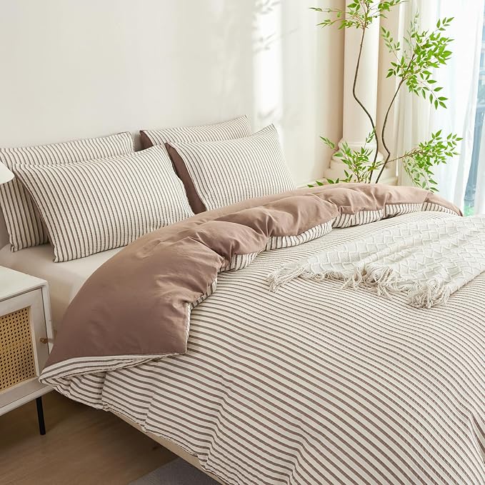 Comforter Set King Dark Brown Striped Soft Luxury Washed Microfiber Jacquard 3 Pieces Bedding, White Dark Brown Vertical Ticking Stripes Comforter with 2 Pillowcases Breathable Durable Comfy