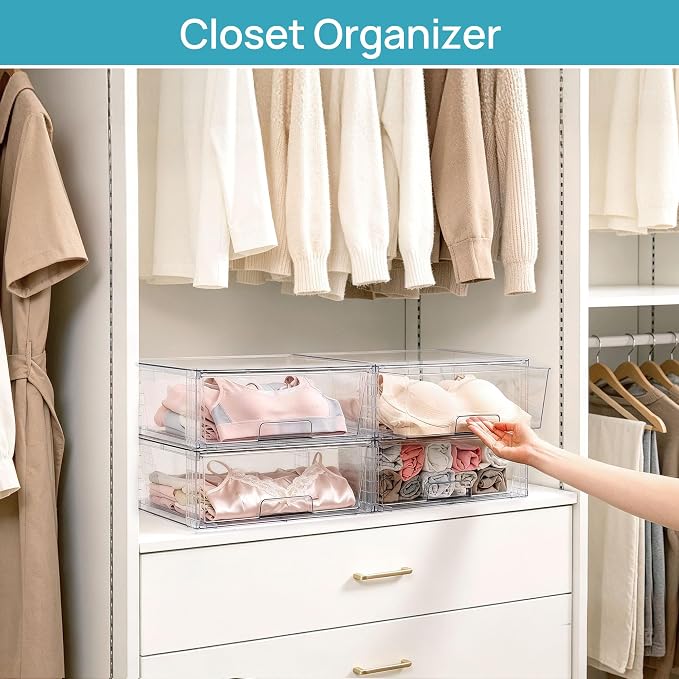 Vtopmart 8 Pack Large Clear Stackable Storage Drawers for Closet, Pantry | Easily Assemble Bathroom Closet Undersink Organizers,Plastic Bins for Cabinet,Kitchen Pantry,Medicine Organization