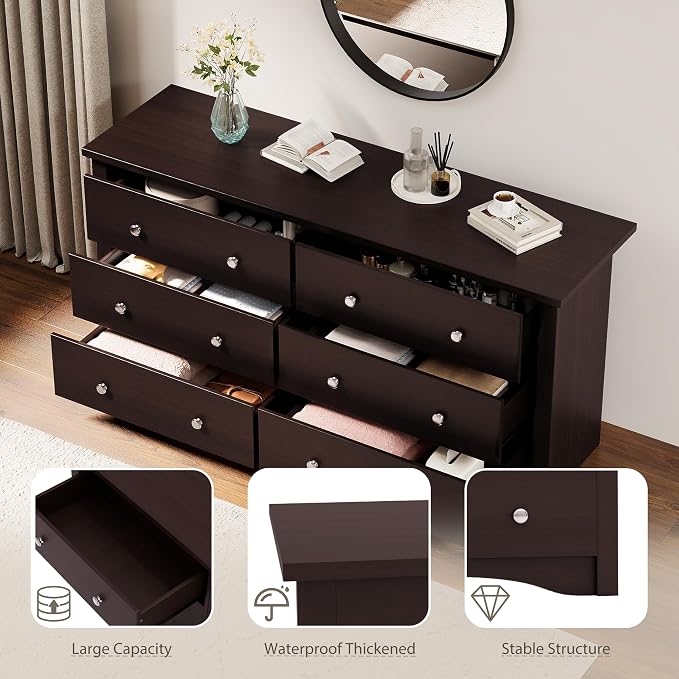 YESHOMY Dresser for Bedroom with 6 Drawer, 47.2" Organizer Drawers | Space Saving, Modern Design, Anti-Tip, TV Stand for Living Room, Hallway, Dark Brown