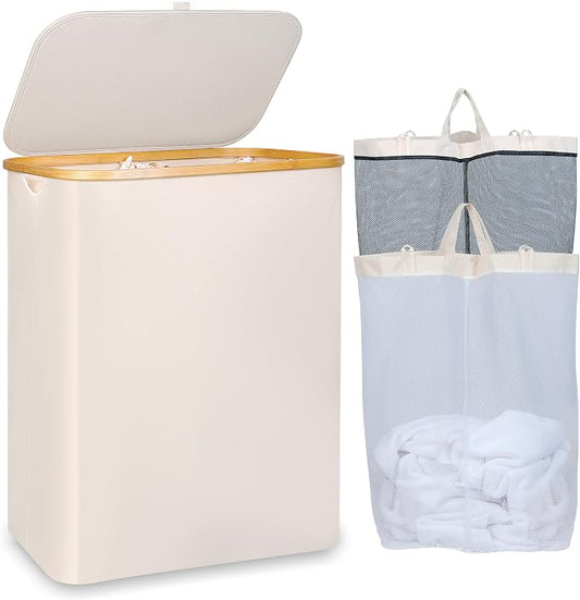 IEGrow Laundry Hamper with Lid,150L Laundry Basket with 2 Mesh Bags,Beige | Dirty Clothes Hamper Basket with Bamboo Handle for Clothes Towels