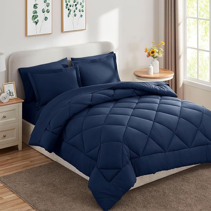 California King Size Comforter Set Navy - 7 Pieces Bed in a Bag | OEKO-TEX Certified, All Season, 240GSM Down-Alternative Comforter, Sheets, Pillowcases & Shams, 14" Deep Pocket, Easy Care