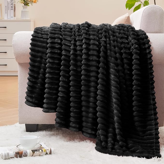 BEDELITE Ribbed Jacquard Black Fleece Throw Blanket for Couch, 50x70 Inch | Soft Warm Decorative Fluffy Blanket, Cozy Plush Lightweight Fuzzy Throw Blanket for Bed Sofa Home Room Decor, Gift for Women