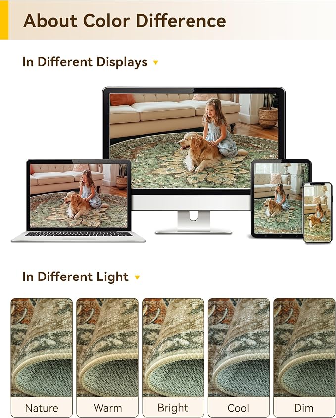RELEANY Washable Area Rug, Round 7ft, Brick/Brown/Green | Non-Slip, Water Repellent, Pet Friendly, Easy to Clean, Vintage Floral Boho Decor for Living Room Bedroom Dining Room