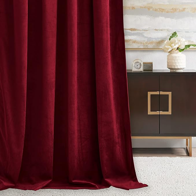 RYB HOME Red Velvet Curtains 100 inches Long, Long Floor Length Drapes | Room Darkening, Thermal Insulated, Luxurious Home Decor, Curtains for Living Room Bedroom Patio, W52 x L100, 2 Panels Set
