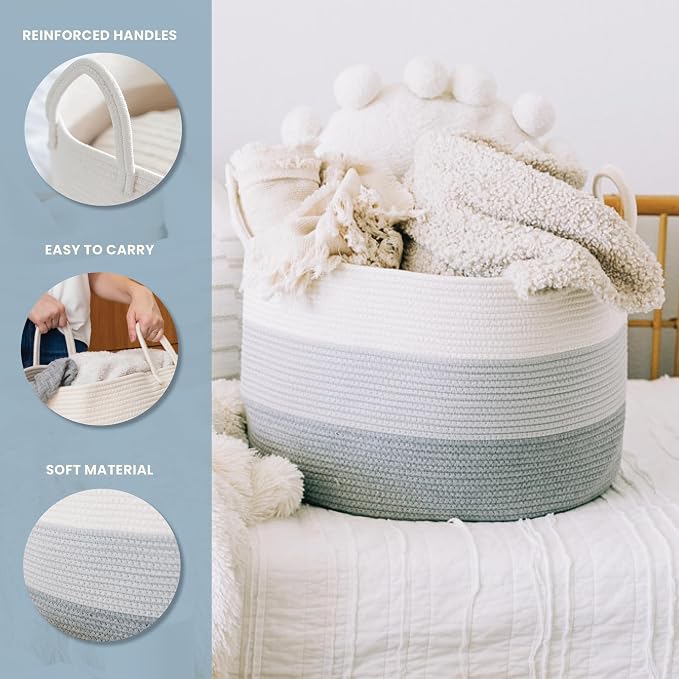 OrganiHaus Round Toy Basket & Blanket Basket, Cotton Rope 20x13" | 3-Toned Gray - Round Cotton Rope Basket, 20x13"