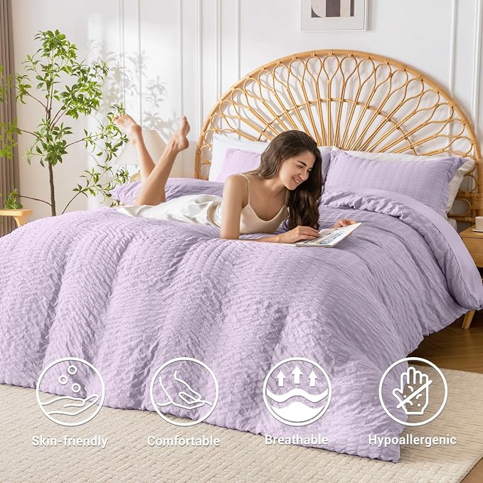 HYMOKEGE Lavender Twin Size Duvet Cover, Ultra Soft 2-Piece Seersucker Duvet Cover Set with Zipper Closure, Soft Brushed Microfiber Bedding Set with 8 Corner Ties (68"x90", 1 Pillowshams)