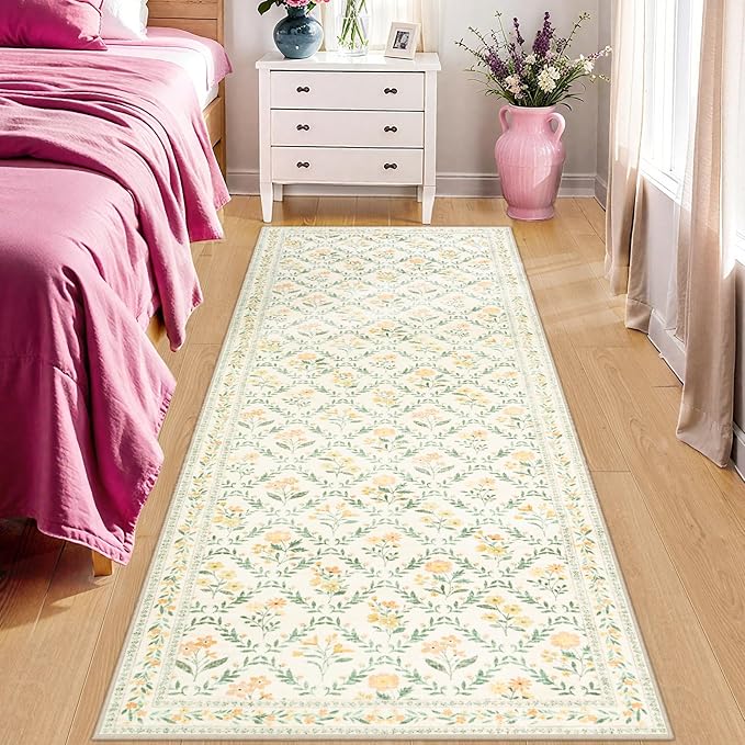 PLHXFR 2x6 Washable Runner Rug：Floral Indoor Kitchen Carpet Beige Multi | For Hallway Bedroom Kitchen Laundry Bathroom Dorm,Vintage Floral,Machine washable,Non Slip,Stain Resistant,Indoor Floor