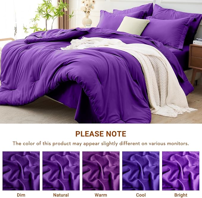 7 Pieces King Comforter Set, Soft Bed in a Bag King Size, All Season Bedding Set with Comforter, Flat Sheet, Fitted Sheet, Pillowcases & Shams, Purple