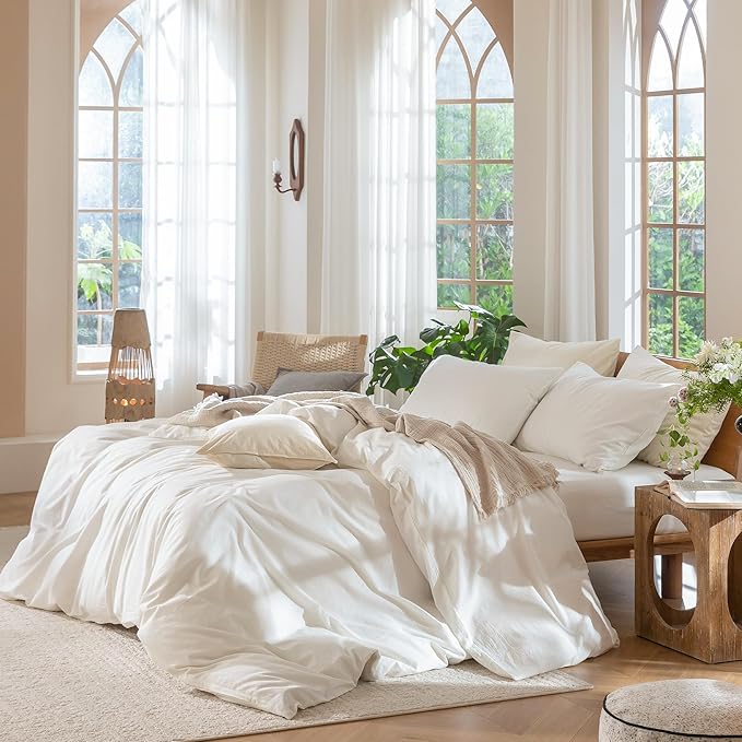 MooMee Duvet Cover Set 100% Washed Cotton Linen Like Super Queen | Relaxed Linen-like Texture. Soft, Breathable & Long-lasting Comfort. Lightweight. Hidden Zipper with 8 Interior Corner Ties