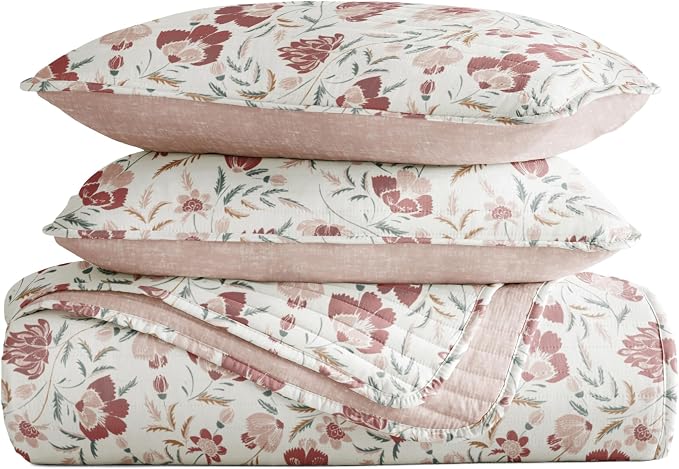 Merit Linens 3 Piece Quilt Set - Super Soft - Lightweight - All Season Quilted Coverlet - Timeless Patterns - Full/Queen Rose