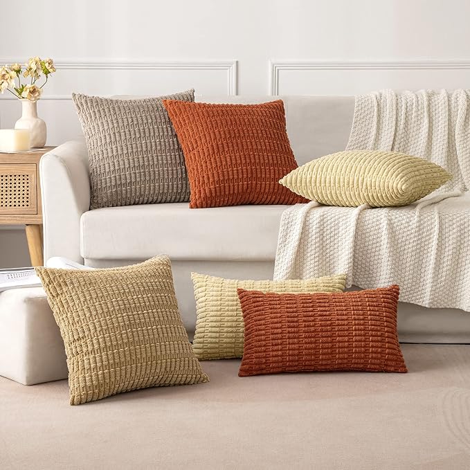 MIULEE Corduroy Decorative Throw Pillow Covers 18x18 Khaki Pack of 2 | Soft Boho Striped Pillow Covers Modern Farmhouse Fall Home Decor For Sofa Living Room Couch Bed