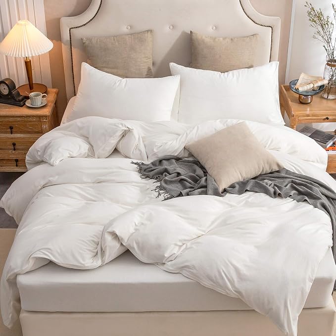 PURE ERA Jersey Knit Sheet Set Solid Off White Twin | 100% Cotton, 3 Piece Set, T Shirt Soft, Breathable, Envelope Closure Pillowcases, Hidden Zipper, 8 Ties, No Insert, Modern