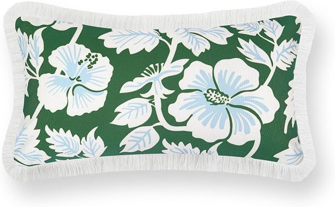 Hofdeco Premium Coastal Patio Indoor Outdoor Lumbar Pillow Cover Only, 12"x20" Water Repellent for Backyard, Couch, Green Baby Blue Print Tropical Hisbucs Flowers