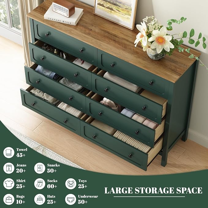 CARPETNAL 55" Green Dresser for Bedroom with 8 Drawer & Deep Drawers | Large Storage Modern Chest of Drawers with Metal Handles for Living Room, Hallway