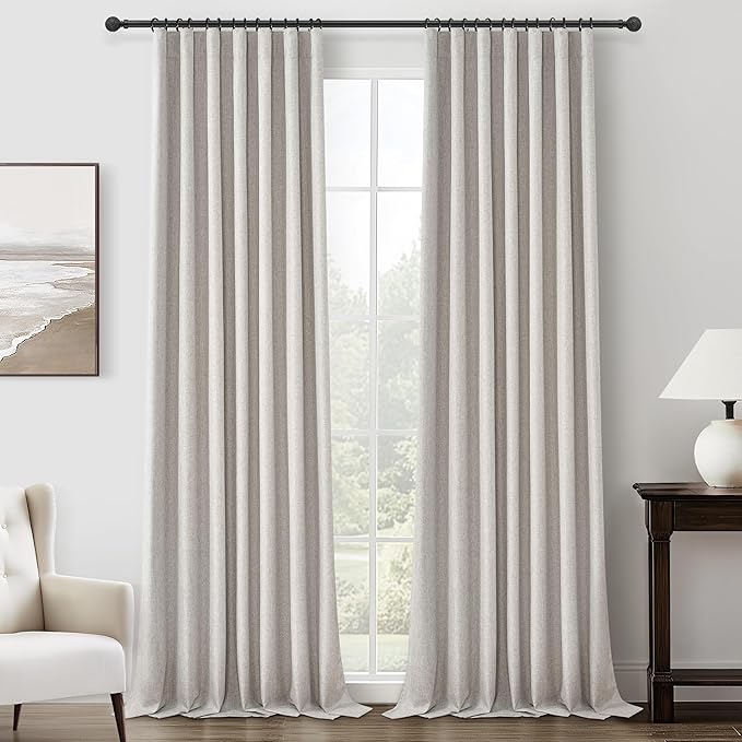 Pleat Linen Blend Room Darkening Curtains 92 Inch Length 2 Panels Set for Living Room, Natural Melange Grey for Bedroom Windows Blackout Drapes Heat Blocking Curtain for Summer Heat (50"Wx92"L)