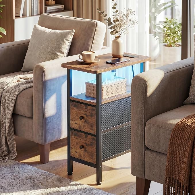 LOAKEKEL Narrow End Table with Charging Station, Small Nightstand | Skinny Side Tables Living Room with 2 Fabric Drawers, Bedside Table with LED Lights for Bedroom, Small Spaces, Rustic Brown