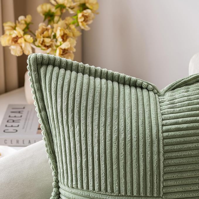 MIULEE Decorative Lumbar Throw Pillow Covers 12x20 Light Olive Green 2 Pack | Boho Broadside Striped Patchwork Pillow Covers, Soft Corduroy Cushion Cases, For Couch Sofa Bed Livingroom Home Decor