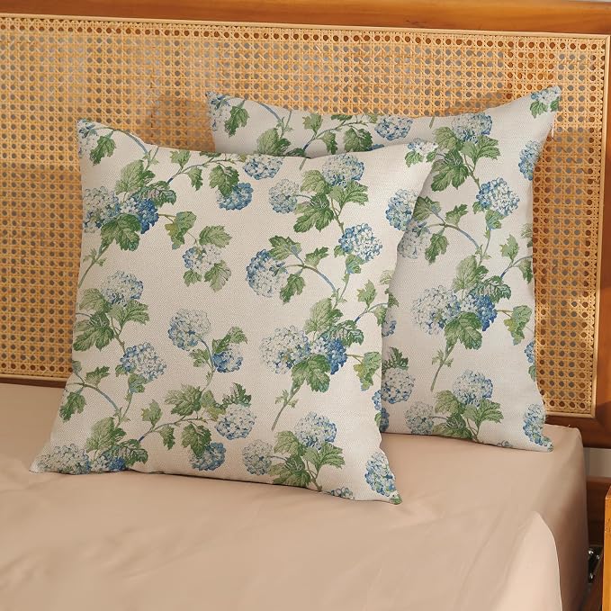 Blue Green Floral Pillow Covers 16x16 Inch 2 Pcs Vintage Flower Decor Throw Pillows Hydrangea Seasonal Spring Summer Outdoor Farmhouse Decoration Pillowcase Linen Cushion Cover for Couch Sofa Bed