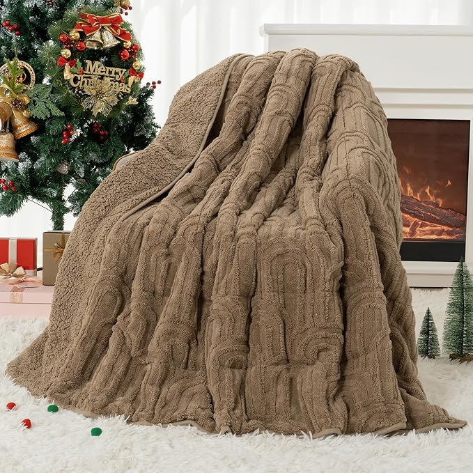 Cottonblue Jacquard Weighted Blanket for Adults 15lbs Twin Full Bed 48"x72" | Soft Fuzzy Fleece Weighted Blankets Throw for Sleep Calm Relax, Fuzzy Warm Khaki Arch Sofa Couch Heavy Blanket, Washable